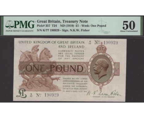 Treasury Series, Warren Fisher, £1, 30 September 1919, serial number K/77 190929, in PMG holder 50, about uncirculated, a sca