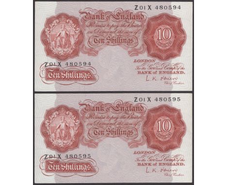 Bank of England, Leslie K. O’Brien, 10 Shillings (2), 21 November 1955, consecutive serial numbers Z01X 480594-95, extremely 