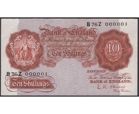 Bank of England, Leslie K. O’Brien, 10 Shillings, 21 November 1955, serial number B76Z 000001, original extremely fine and an