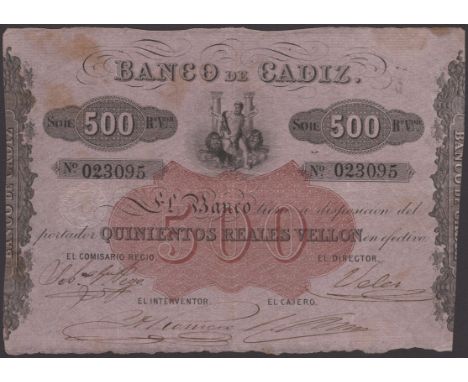 Banco De Cadiz, 500 Reales Vellon, ND (1863), serial number 023095, printed on pink paper, four manuscript signatures, emboss