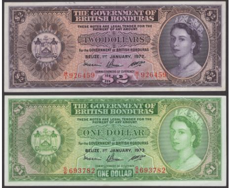 Government of British Honduras, $2, 1 January 1972, serial number H/1 926459, also $1, 1 January 1973, serial number G/6 6937