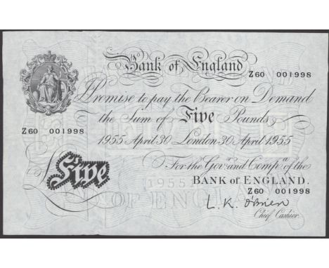 Bank of England, Leslie K. O’Brien, £5, 7 October 1955, serial number Z60 001998, a clean and attractive very fine EPM B275 £