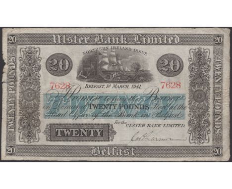 Ulster Bank Limited, £20, 1 March 1941, serial number 7628, manuscript Larmour signature, slight damage to left margin, minor