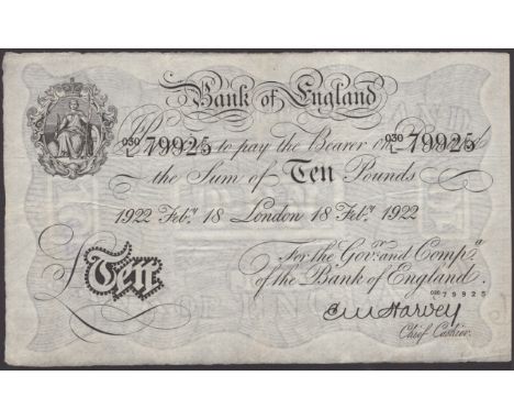 Bank of England, Ernest M. Harvey, £10, London, 18 February 1922, serial number 030/L 79925, faded ink at left, very fine  EP