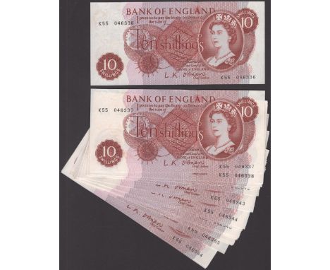 Bank of England, Leslie K. O’Brien, 10 Shillings (20), 12 October 1961, consecutive serial numbers K55 046336-55, about uncir