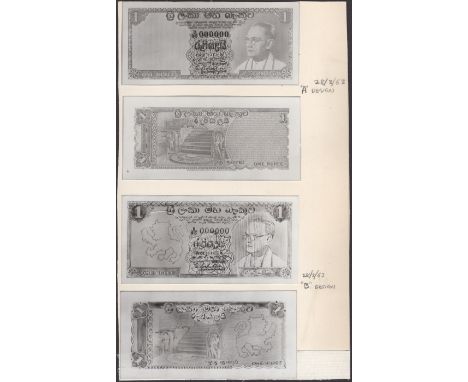 Central Bank of Ceylon, obverse and reverse archival photographs (4) showing designs for a 1 Rupee of 1963 which was never pr