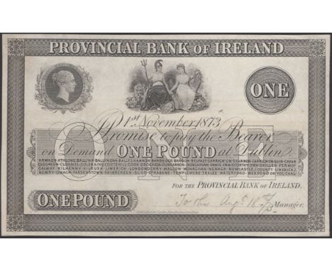 Provincial Bank of Ireland, proof £1 on paper, 1 November 1873, no signatures or serial numbers, pencil annotation in signatu