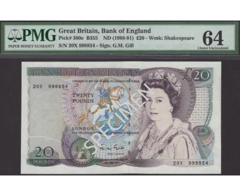Bank of England, George M. Gill, £20, 1 March 1988, serial number 20X 998854, in PMG holder 64, choice uncirculated, a scarce