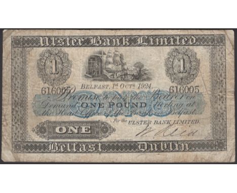 Ulster Bank Limited, £1, 1 October 1924, serial number 616005, manuscript Reid signature, a few pinholes, original fine PMI U