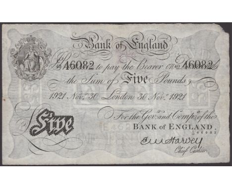 Bank of England, Ernest M. Harvey, £5, London, 30 November 1921, serial number C/40 46082, extremely light purple staining at