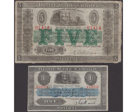 Ulster Bank Limited, £5, 1 August 1929, serial number 81414, manuscript McKelvey signature, and £1, 1 January 1940, serial nu