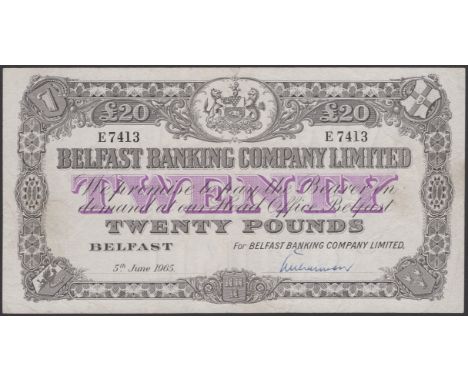Belfast Banking Company Limited, £20, 5 June 1965, serial number E7413, manuscript Williamson signature, graffiti on reverse,