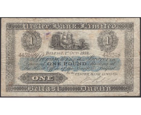 Ulster Bank Limited, £1, 1 October 1923, serial number 445248, manuscript Reid signature, original about fine PMI UB 39, Pick