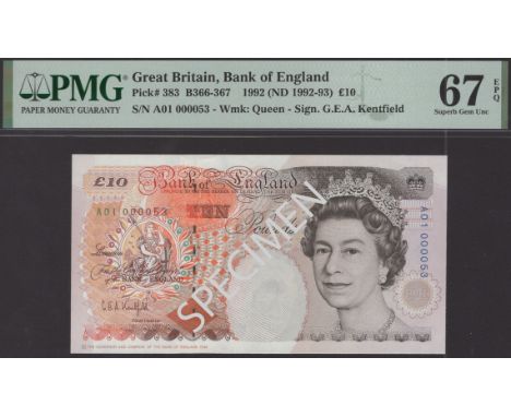Bank of England, Graham E. A. Kentfield, £10, 29 April 1992, serial number A01 000053, in PMG holder 67 EPQ, superb gem uncir