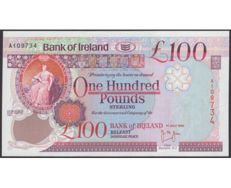 Bank of Ireland, £100, 1 July 1995, serial number A109734, Mc Ginn signature, extremely light handling and corner bend, about