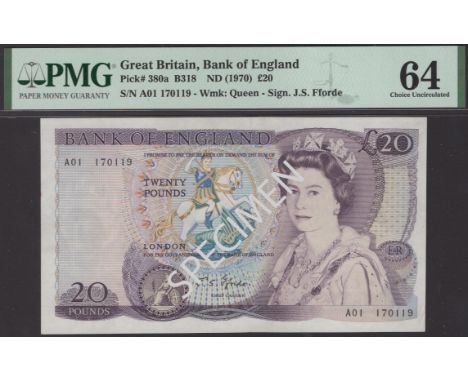 Bank of England, John S. Fforde, £20, ND (1970), serial number A01 170119, in PMG holder 64, choice uncirculated, a very scar