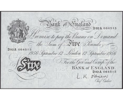 Bank of England, Leslie K. O’Brien, £5, 12 September 1956, serial number D92 064515, original paper, about uncirculated to un