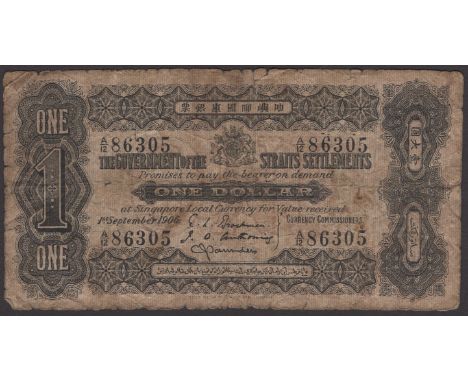 Government of the Straits Settlements, $1, 1 September 1906, serial number A/12 86305, fine and the much rarer first date  TB