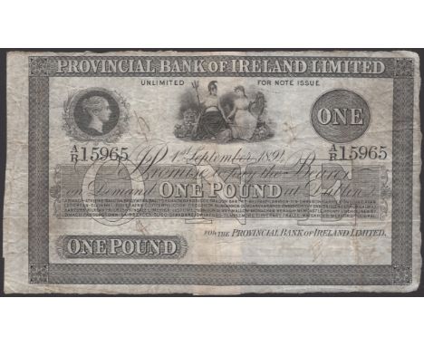 Provincial Bank of Ireland Ltd, £1, 1 September 1894, serial number A/R 15965, manuscript signature, split and rejoined, mino