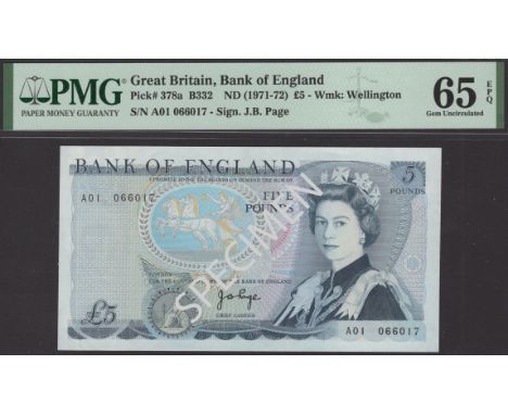 Bank of England, John B. Page, £5, 11 November 1971, serial number A01 066017, in PMG holder 65 EPQ, gem uncirculated, a scar