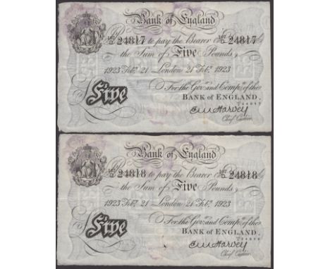 Bank of England, Ernest M. Harvey, £5 (2), London, 21 February 1923, consecutive serial numbers 167/D 24817-18, the first has