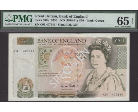 Bank of England, George M. Gill, £50, 1988, serial number C01 407944, in PMG holder 65 EPQ, gem uncirculated, a very scarce f