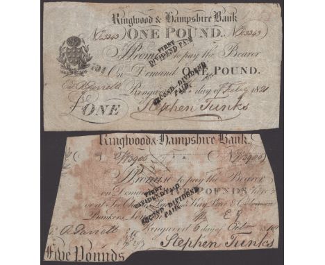 Ringwood & Hampshire Bank, for Stephen Tunks, £1, 1 February 1821, serial number R3343, and £5, 6 October 1810, serial number