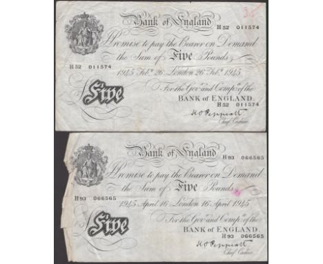 Bank of England, Kenneth O. Peppiatt, £5 (3), 1945, prefixes H52, H65 and, H93, graffiti, first two very fine, last damaged l