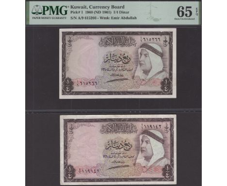 Kuwait Currency Board, 1/4 Dinar (2), ND (1961), serial numbers A/1 119142 and A/9 615266, Al-Sabah signature, first original