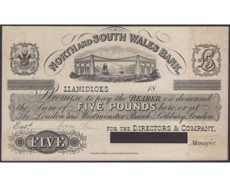 North and South Wales Bank, Llanidloes, proof £5, 18-, signature strip excised, light mounting traces on reverse, extremely f