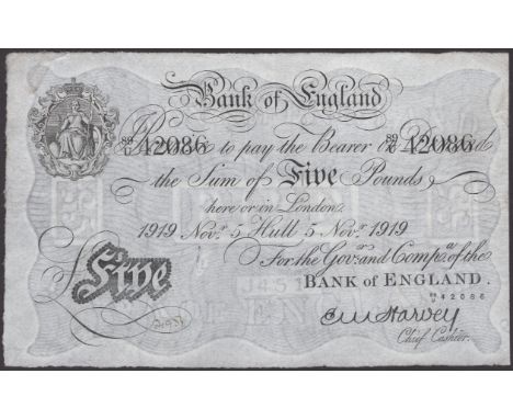 Bank of England, Ernest M. Harvey, £5, Hull, 5 November 1919, serial number 89/U 42086, very minor graffiti on obverse and 7m