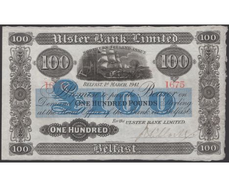 Ulster Bank Limited, £100, 1 March 1941, serial number 1674, manuscript Niblock signature, multiple pinholes but no graffiti,