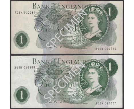 Bank of England, Leslie K. O’Brien, £1 (2), 17 March 1960, serial numbers A01N 927716 and A05N 016395, first a little toned, 