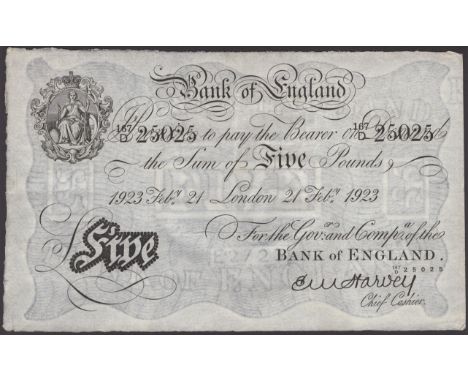 Bank of England, Ernest M. Harvey, £5, London, 21 February 1923, serial number 167/D 25025, lovely original paper, good very 