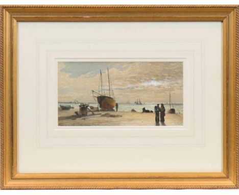 J R MILES (BRITISH, 20TH CENTURY),EVENING ON THE HARBOURwatercolour on paper, signed12cm x 23.5cmMounted, framed and under gl