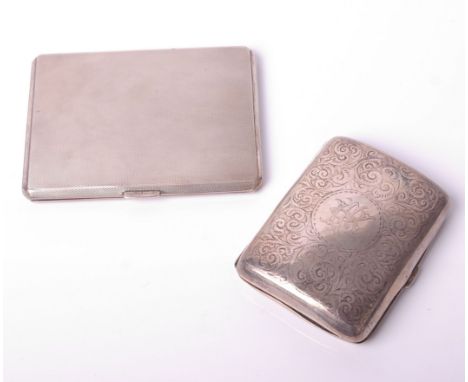 Two silver cigarette cases, comprising; a rectangular bevel-edged and engine turned case, Birmingham 1946, 11.5cm, 186g; and 
