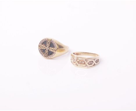 Two gentleman’s 9ct bi-colour gold and tiny diamond rings, comprising; a Celtic style round signet ring inset with a black on