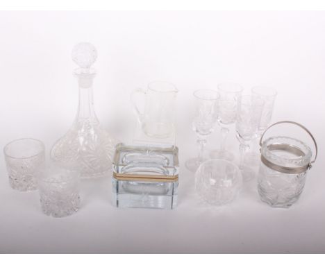 A good quality cut glass casket with gilt metal mounts, engraved and cut glassware, decanter and ornaments