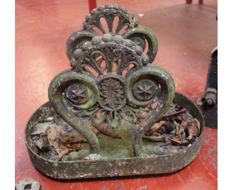 A 19th century cast iron boot scrape with integral tray stand and two iron fly press/pipe benders