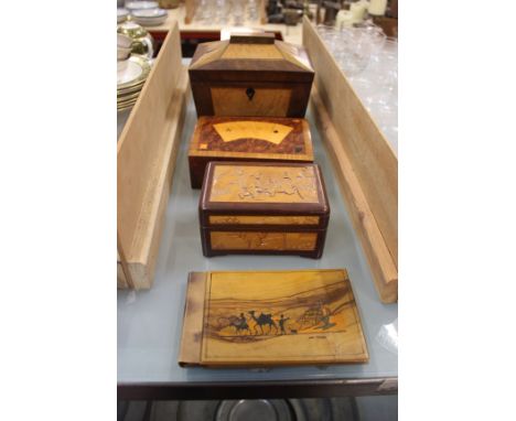Boxes: a burr elm card box with inlaid top containing cards, a cribbage box, small tea caddy and three others