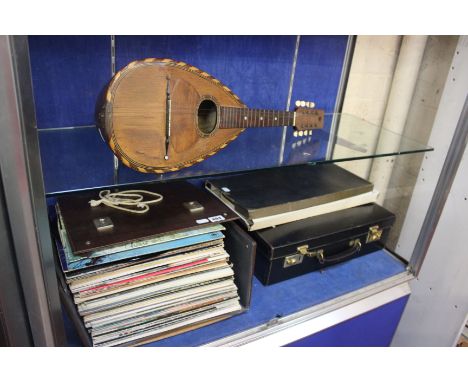 MIxed lot: a mandolin, a Horne dress shirt (boxed), attaché case and a box of LP records including Bob Dylan: Nashville skyli