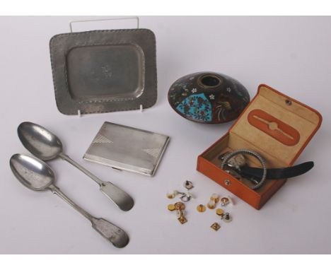 An Art Deco engine turned silver cigarette case, London 1932, 129g; two plated fiddle pattern dessert spoons and a hammered-p