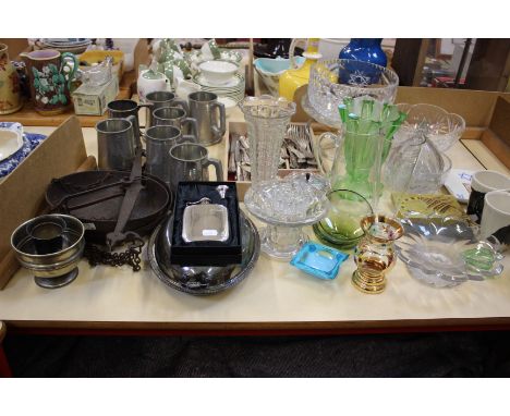 Six pewter tankards, silver plated cutlery, iron beam scales with pans, plated hip flask and glassware etc