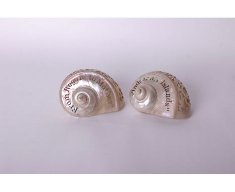 Two Colonial folk art pearl shells one 'From Reggie to Mother' the other 'Andaman Islands'