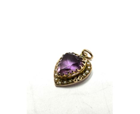 9ct gold amethyst &amp; seed pearl heart shaped pendant (1.5g) missing seed-pearls 