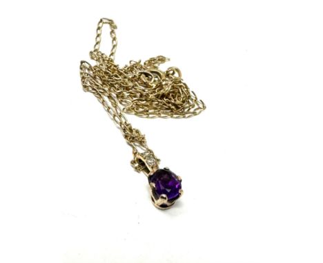 9ct gold amethyst &amp; diamond pendant &amp; chain (1.1g) 