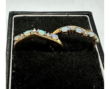 2x 9ct gold opal &amp; diamond wishbone rings (3.4g) 