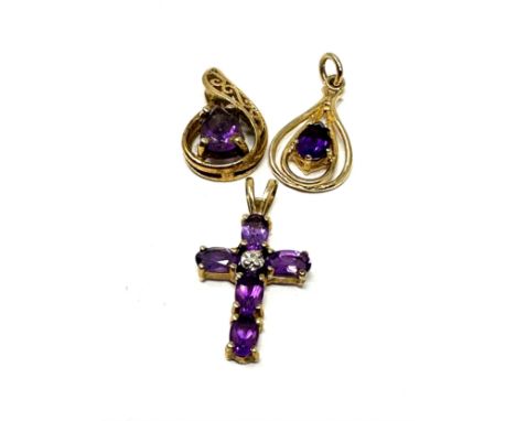 3x 9ct gold amethyst &amp; diamond pendants (3.3g) 