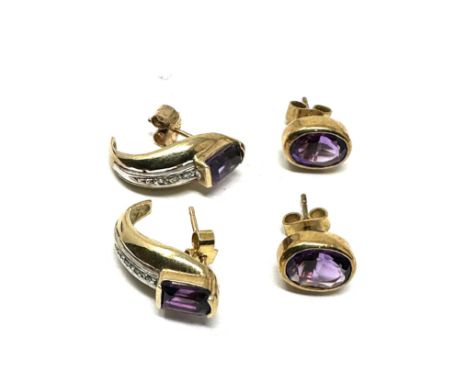 2x 9ct gold amethyst &amp; diamond earrings (5g) 