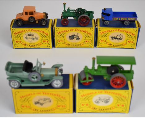 Five Matchbox Models of Yesteryear diecast model vehicles comprising numbers 1, 4, 8, 11 and 15, all in original boxes.